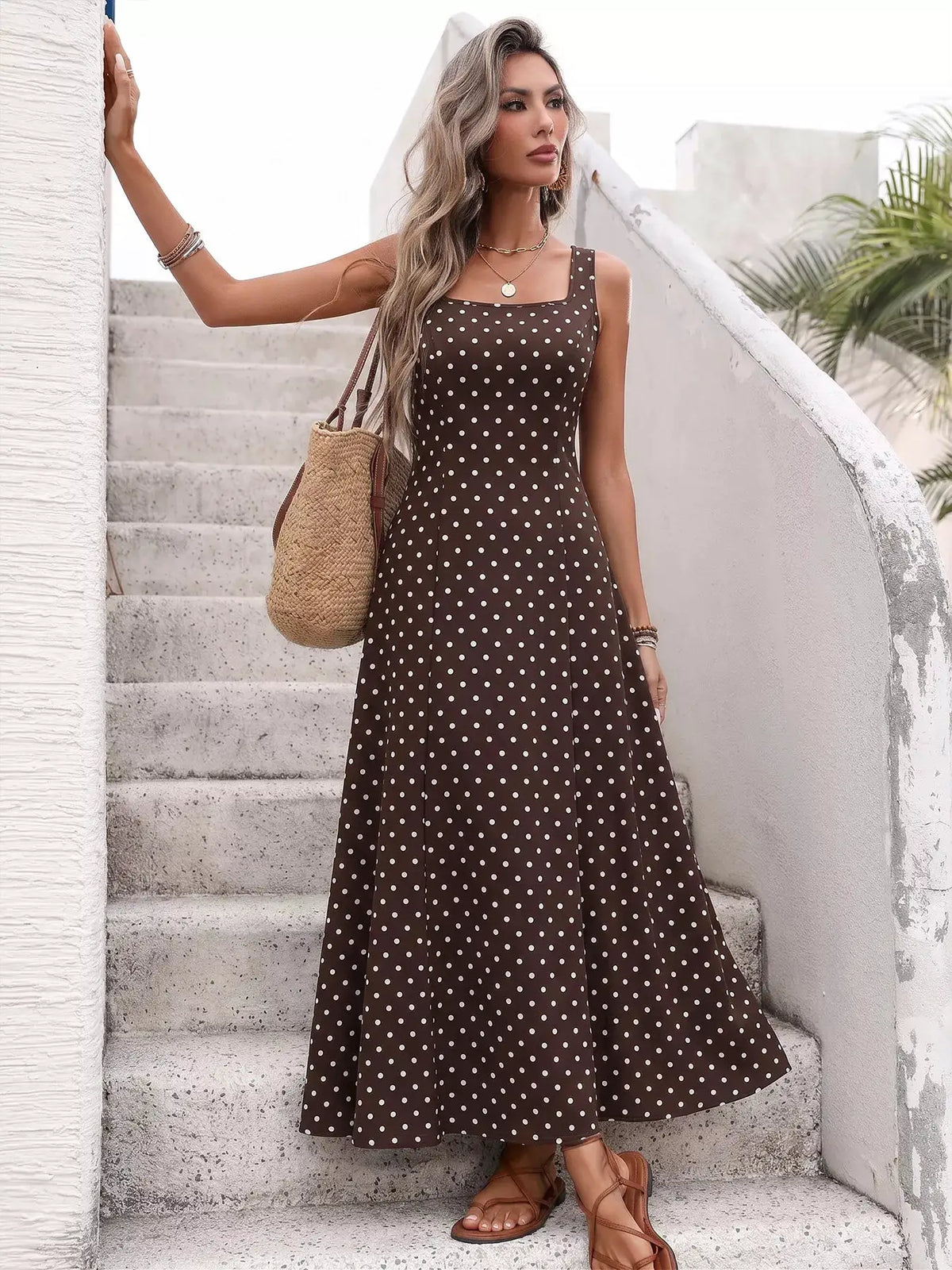Polka Dot Sleeveless Maxi Dress by Trendsi in brown with white polka dots