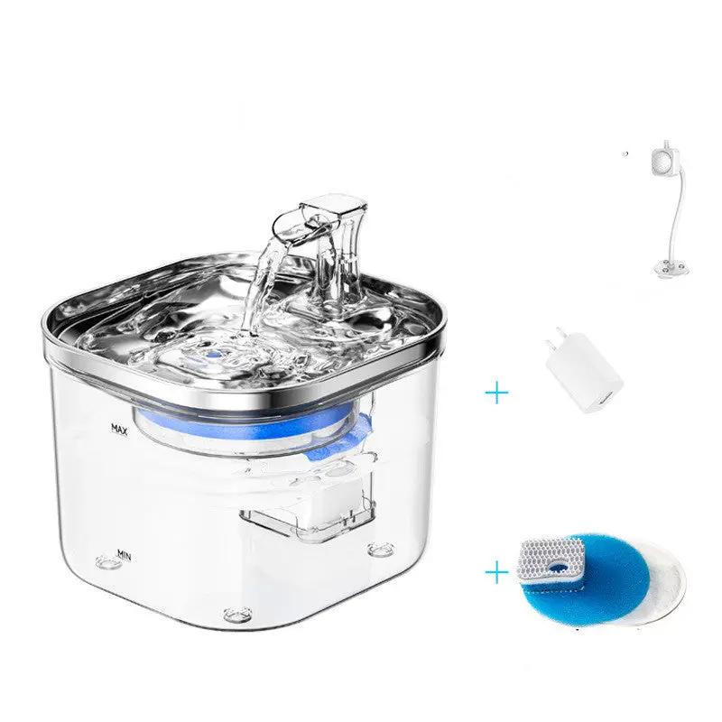 AdTec pet fountain with automatic circulation; stainless steel, includes 2 accessories: power adapter and sponge filter.