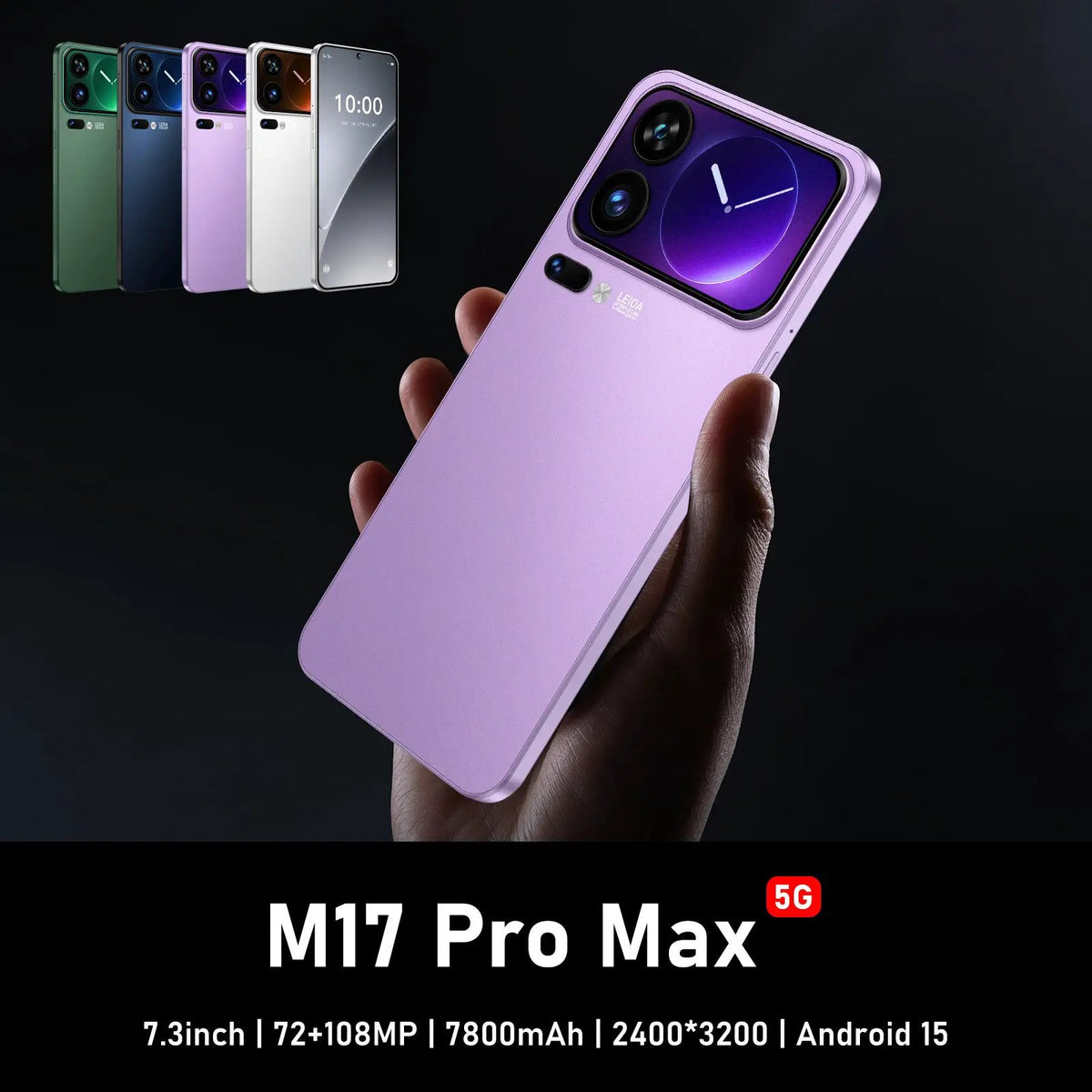 M17 Pro Max smartphone in lavender, held in hand with six color variants and a 5G badge