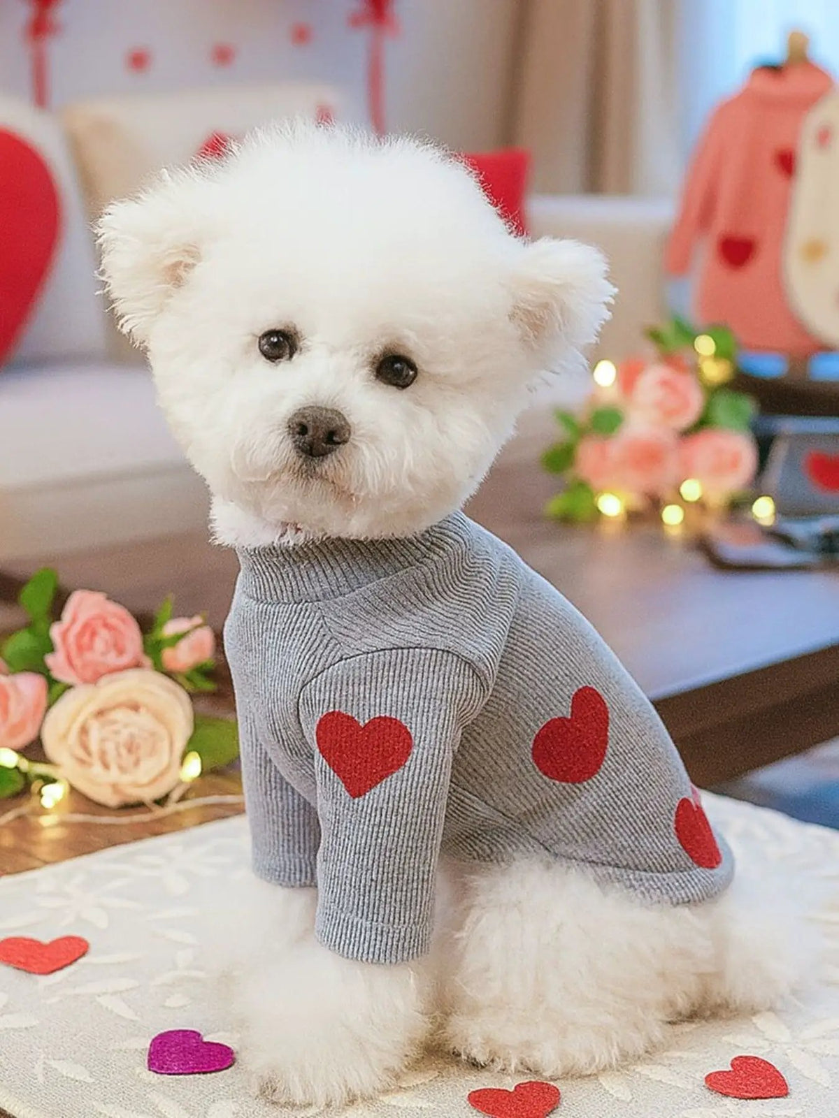 Heart Pattern Pet Sweater in gray knit with red hearts, worn by a fluffy white dog in a cozy indoor setting.