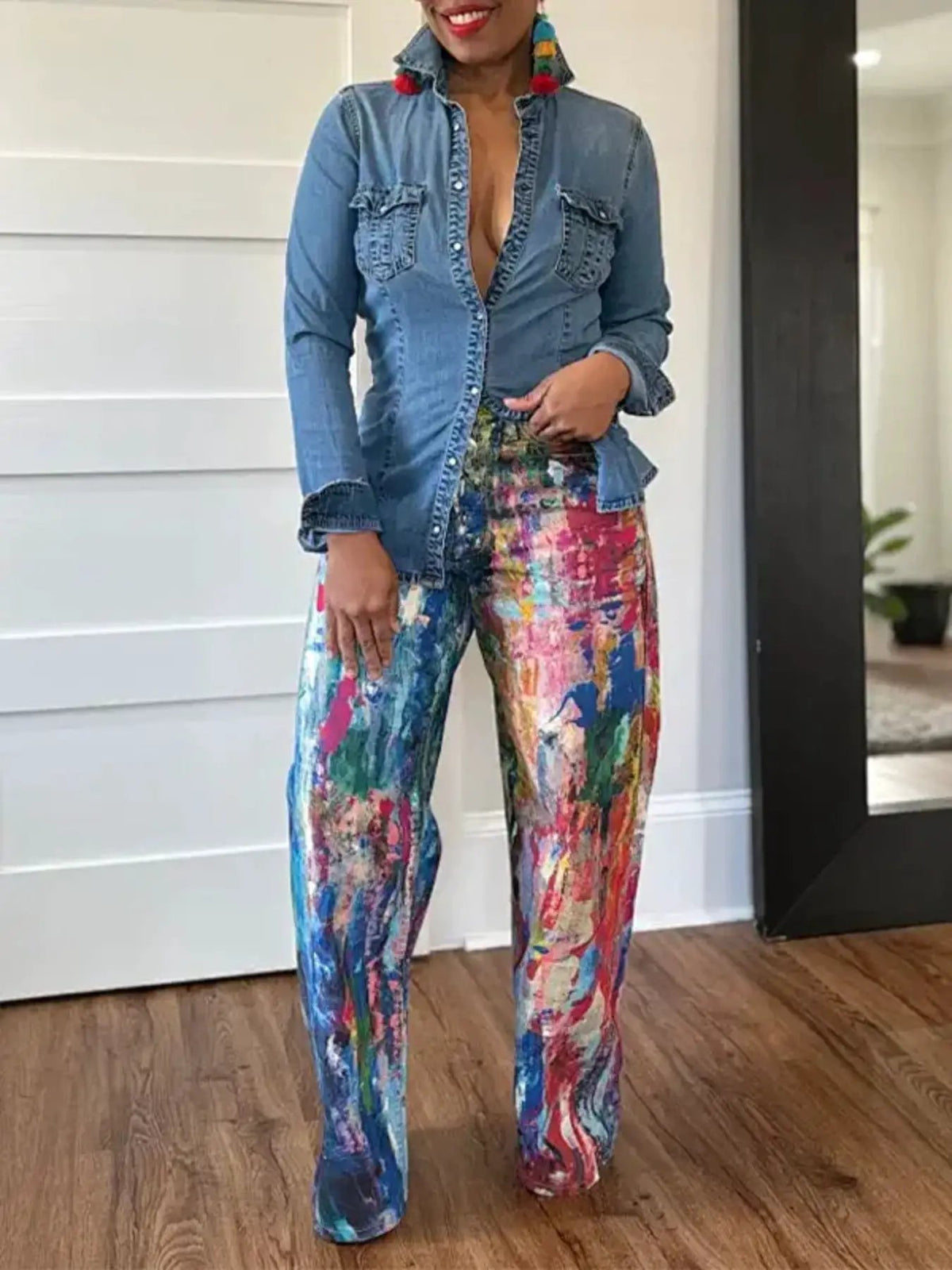 Trendsi Painted Wide Leg Pants with multicolor paint-splatter print