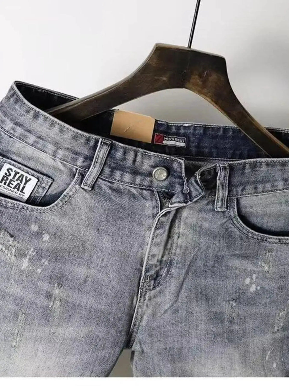 Mens lightweight stretch denim shorts with front pockets, light-washed gray denim, Stay Real patch