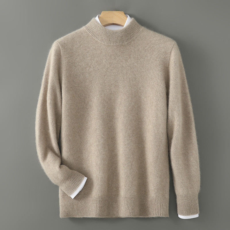 New Men's Sweater beige knit pullover with ribbed cuffs, hem, and crew neck