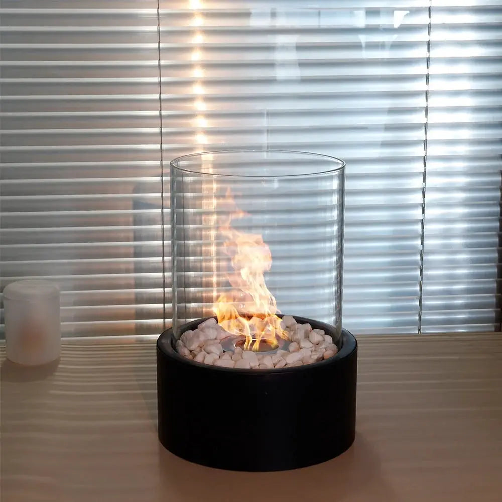 Extra Large portable tabletop fire bowl by JHY DESIGN with glass hurricane, black base and white stones