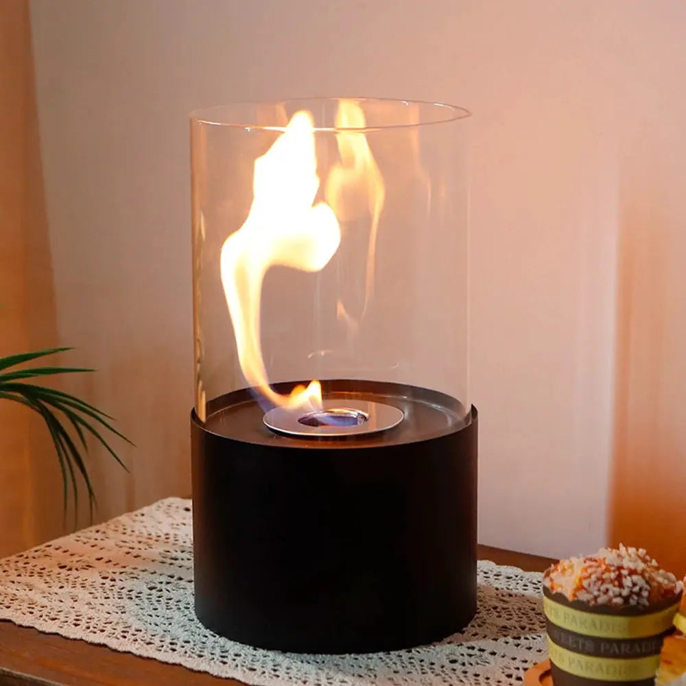 JHY DESIGN 11.5in tabletop fire bowl fireplace with clear glass windscreen and black base, gel & ethanol powered.