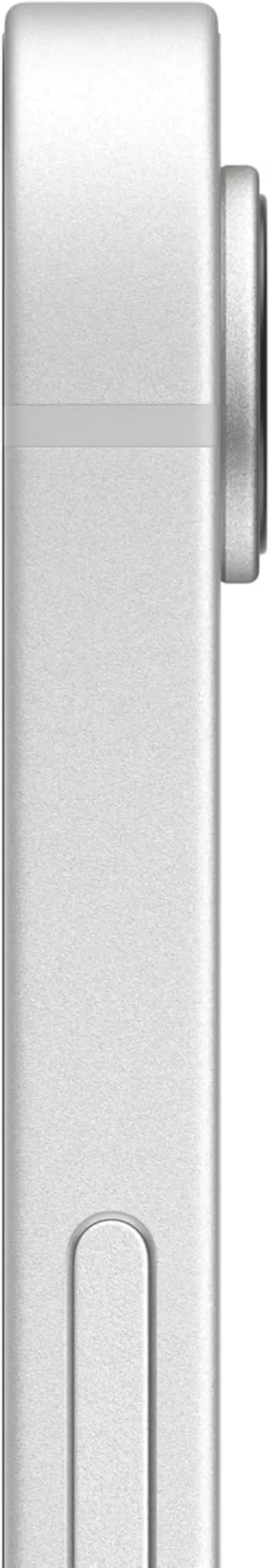 Apple iPhone 16e in silver, side view with edge-mounted camera bump