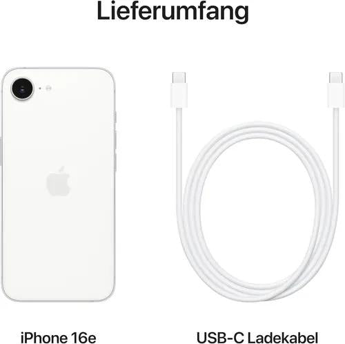 Apple iPhone 16e with white back and USB-C charging cable (two-item set)