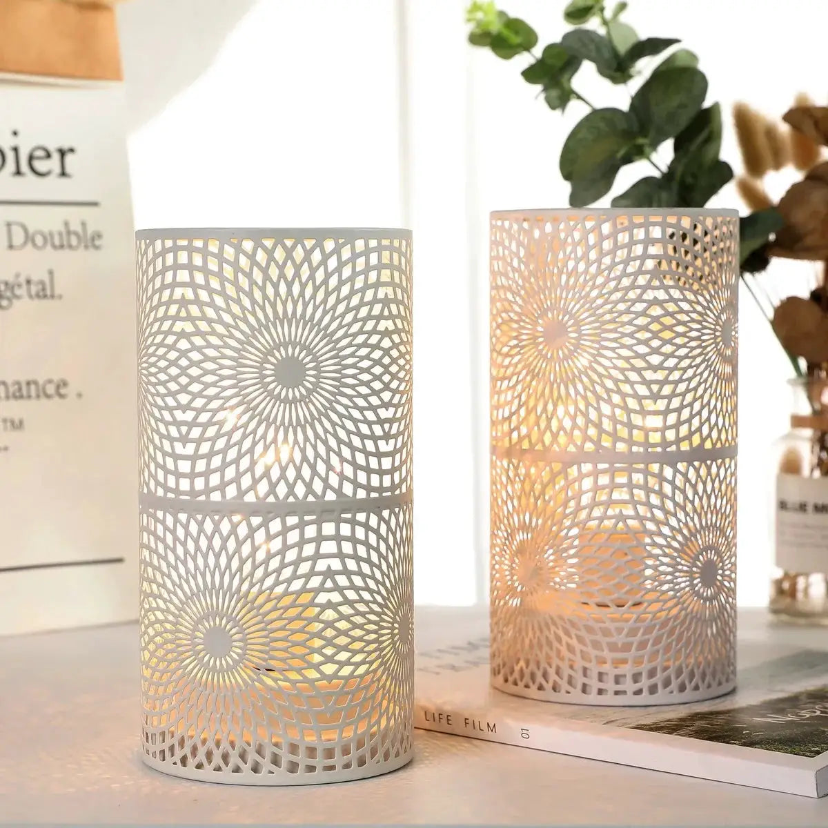 Battery powered table lamps set of 2, white metal cylinders with intricate circular lattice patterns, by JHY DESIGN.