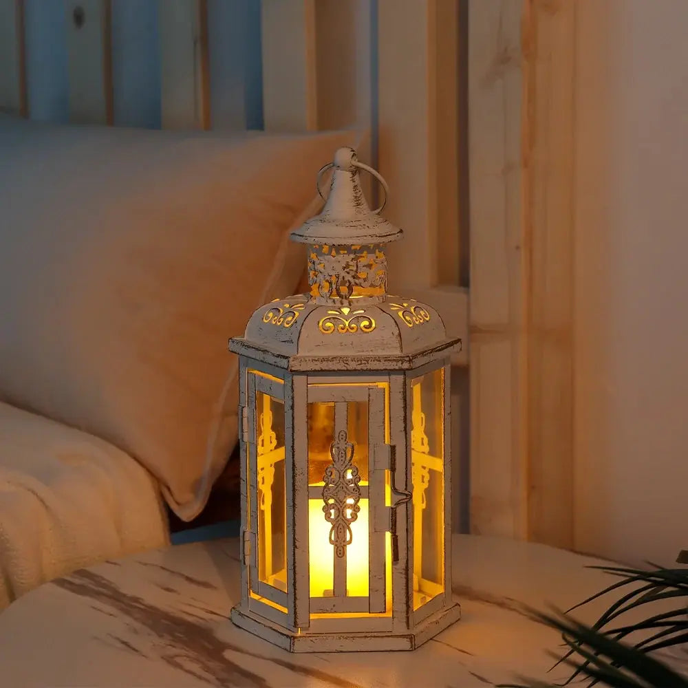 10 inch vintage-style hanging lantern metal candleholder by JHY DESIGN, distressed white finish with warm candlelight glow