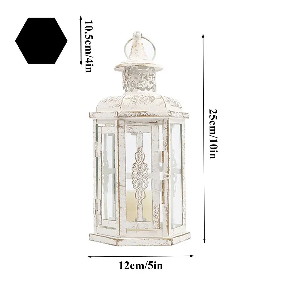 JHY DESIGN 10-inch vintage-style hanging lantern candleholder in distressed white metal with glass panels