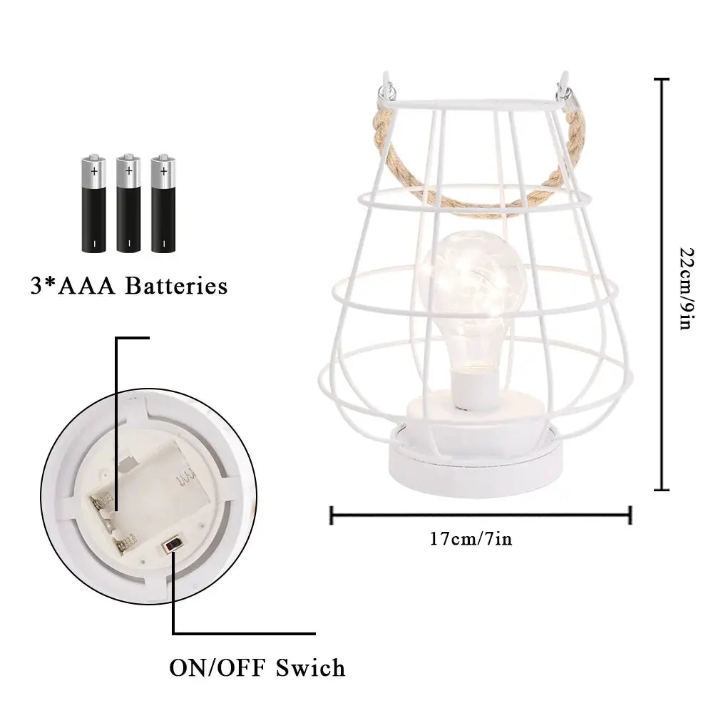 Cordless Edison-style battery lamp by JHY DESIGN, white metal cage with rope handle; uses 3 AAA batteries.