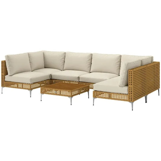 Patio furniture set by AdTec: beige cushioned wicker L-shaped sectional with coffee table.