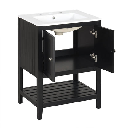 24" Black Modern Sleek Bathroom Vanity Elegant Ceramic Sink with Solid Wood Frame Open Style Shelf by eprolo
