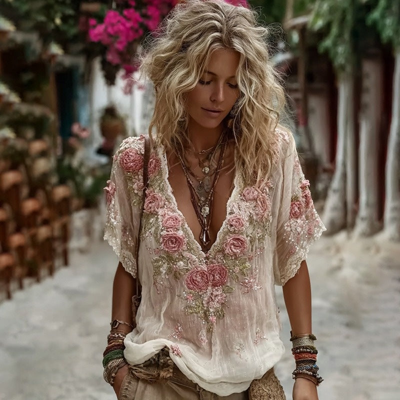 Top de mujer con cuello de pico, estampado 3D y manga corta, con un elegante estilo artístico y vintage