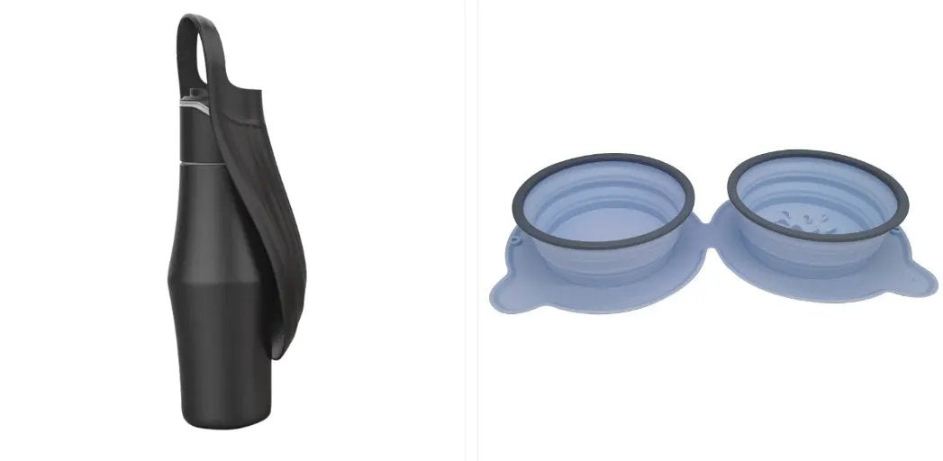 Portable black dog water bottle with strap and two blue collapsible silicone bowls.