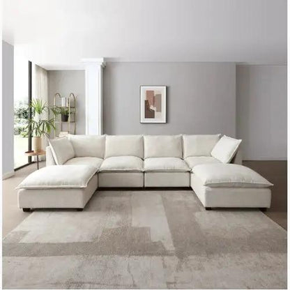 LuxeCasa modular linen sectional sofa with convertible ottoman in beige by PrimeCanada.Store.