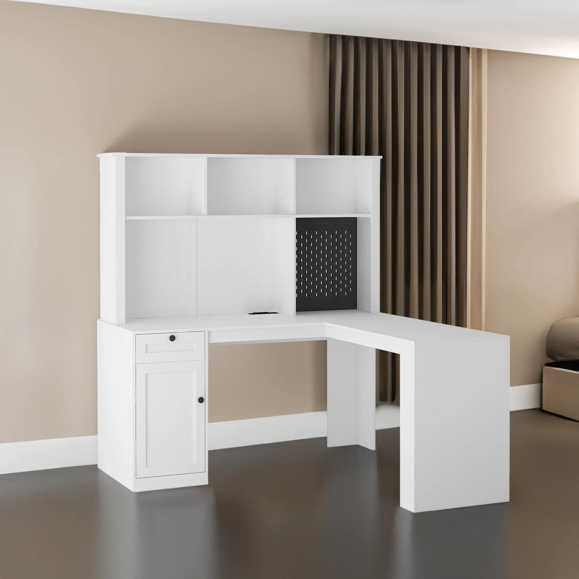 Corner gaming computer desk with socket, drawers, bookshelf and writing desk, modern L-shaped learning desk with storage space by eprolo