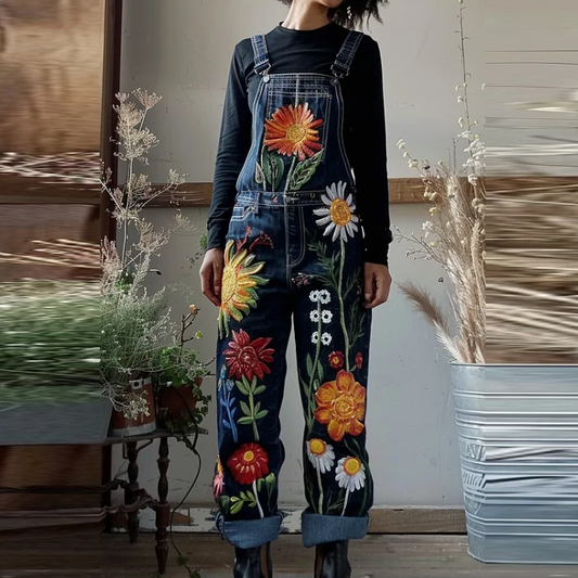 Combinaison en jean imprimée de fleurs végétales, style peinture à l'huile