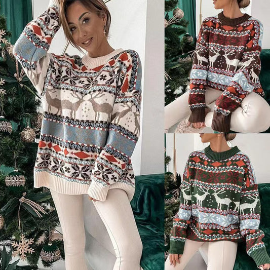 Pull à manches longues en jacquard pour femme, col rond, coupe ample, motif de Noël
