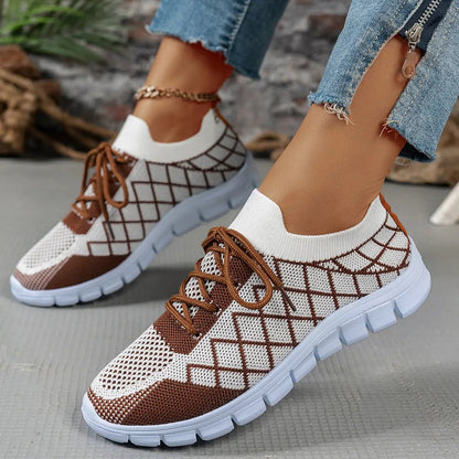 Colorblock plaid flyknit sneakers for women; brown/white mesh, lace-up casual walking shoes
