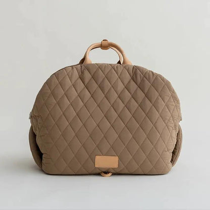 Pet handbag for cats, quilted taupe carrier with tan top handles by AdTec
