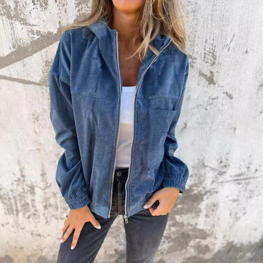 Veste à capuche unie en velours côtelé pour femme