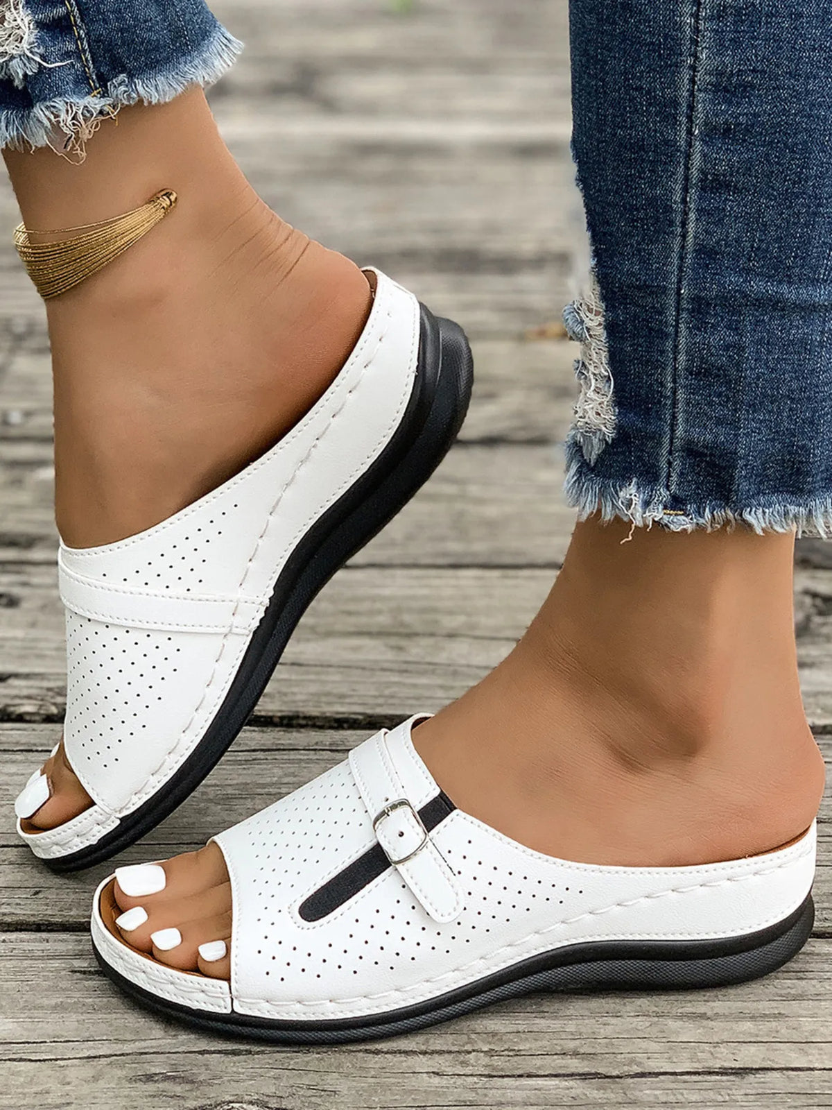 Shoes: Casual Comfort Buckle Strap Sandals, white perforated with black sole