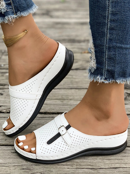 Shoes: Casual Comfort Buckle Strap Sandals, white perforated with black sole