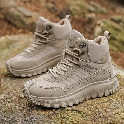 Pair of AdTec men's outdoor hiking boots in beige with a thick, rugged sole