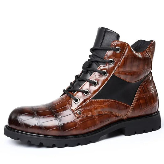 AdTec Lusso men's mid-top leather sneakers in brown crocodile-embossed leather with black panels and lug sole