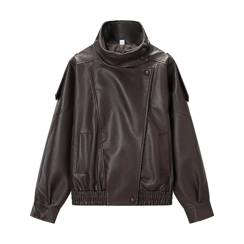 Women's brown PU leather jacket with stand collar, loose fit, short style, AdTec.