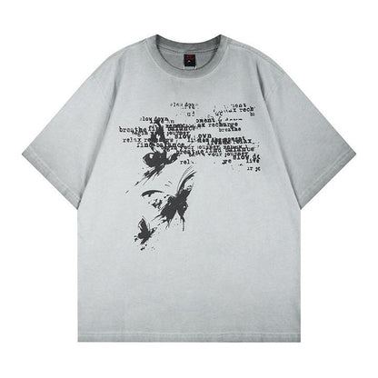 T-shirt lavé à manches courtes imprimé papillon