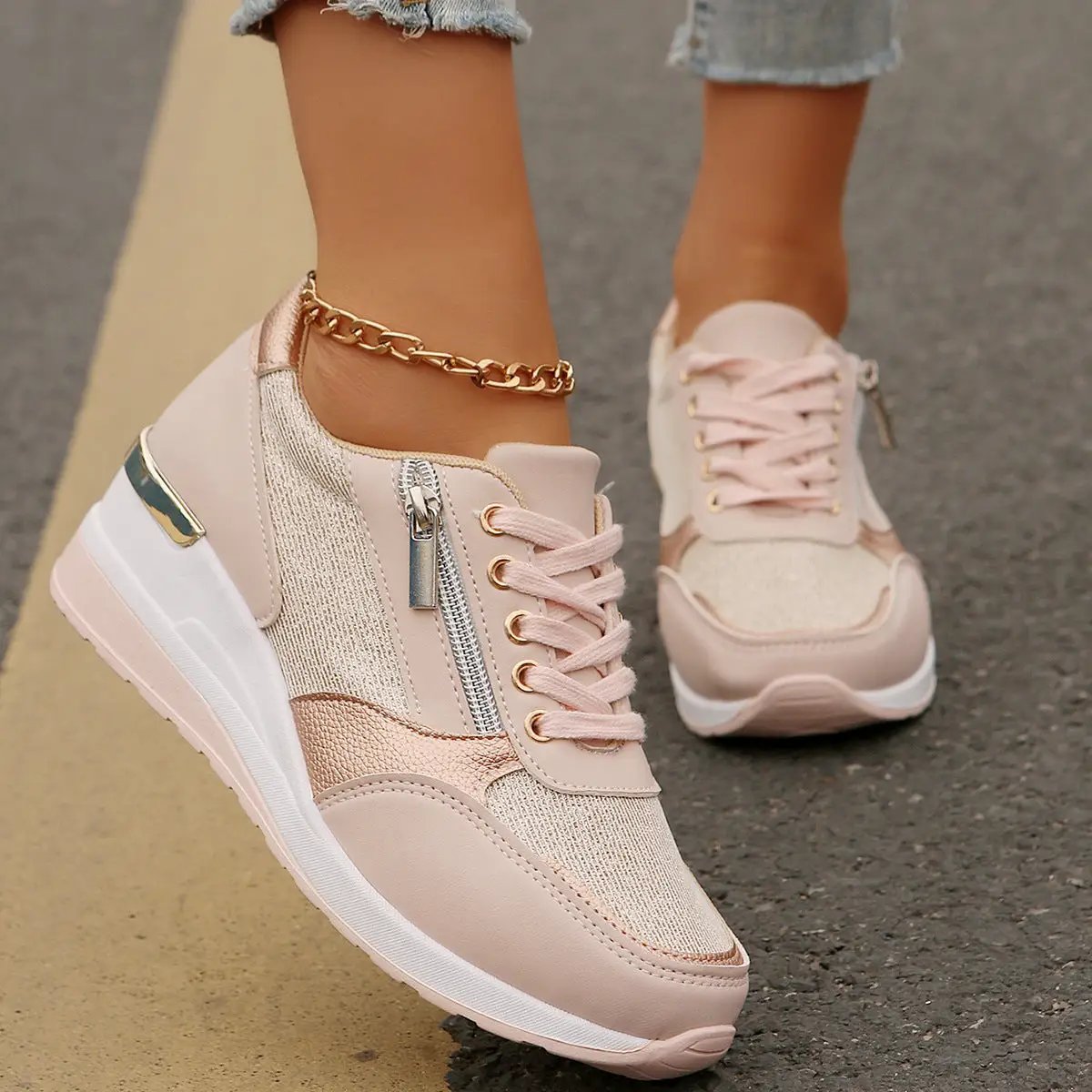 Women's blush-pink lace-up sneakers with side zipper and thick sole