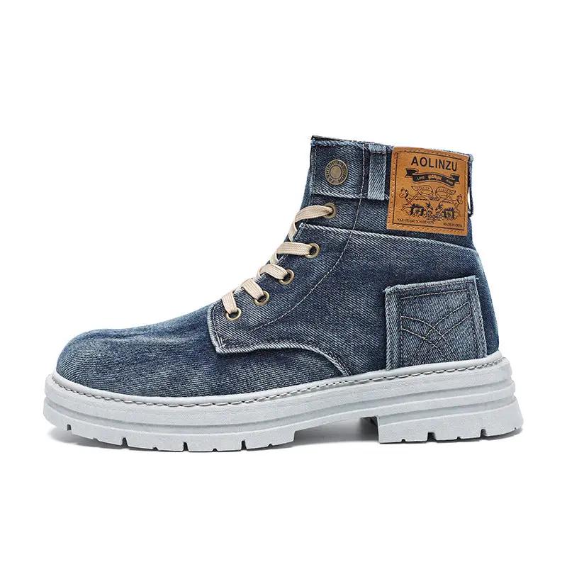 Velora High Top Board Shoe in denim blue with beige laces and chunky white sole; AOLINZU patch.