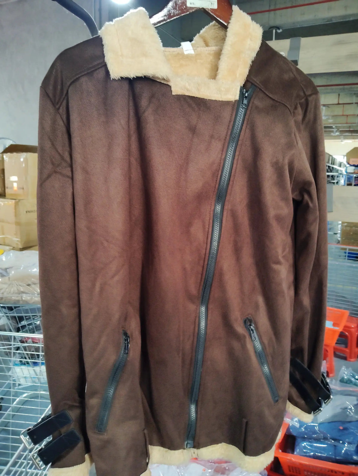 Jacket brown faux suede with cream shearling trim, diagonal zipper, and zip pockets