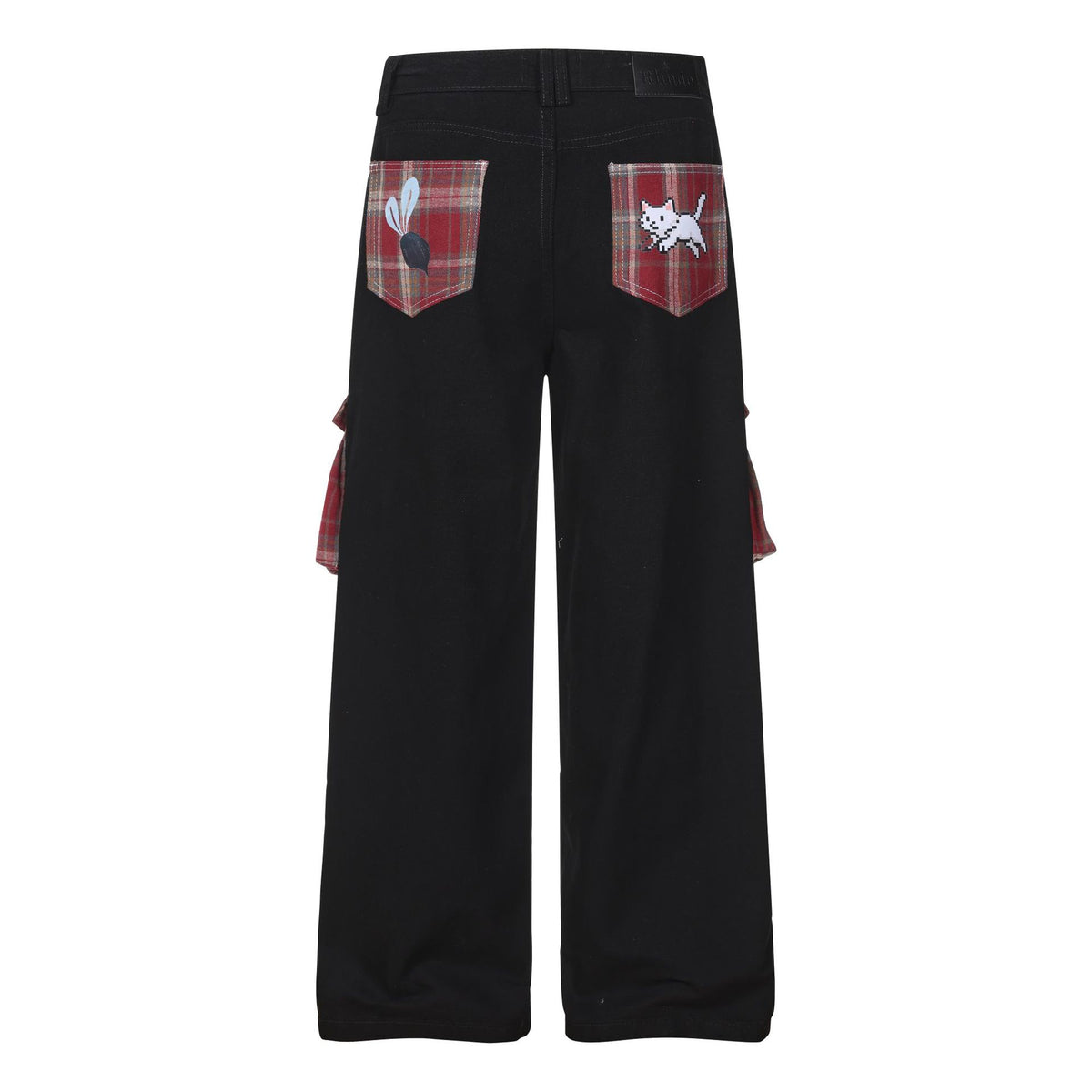 Casual wide-leg denim pants for women with red plaid back pockets featuring cartoon rabbit and cat prints