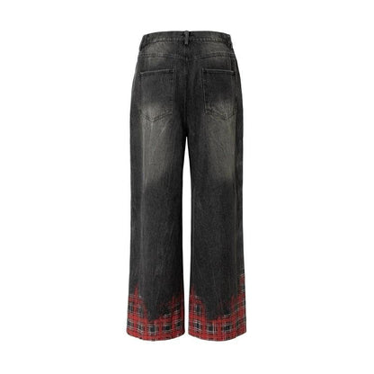 Hanging chain plaid printed loose washed wide leg denim pants by eprolo
