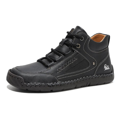 Mens black leather high-top shoes with flat laces, AdTec, breathable