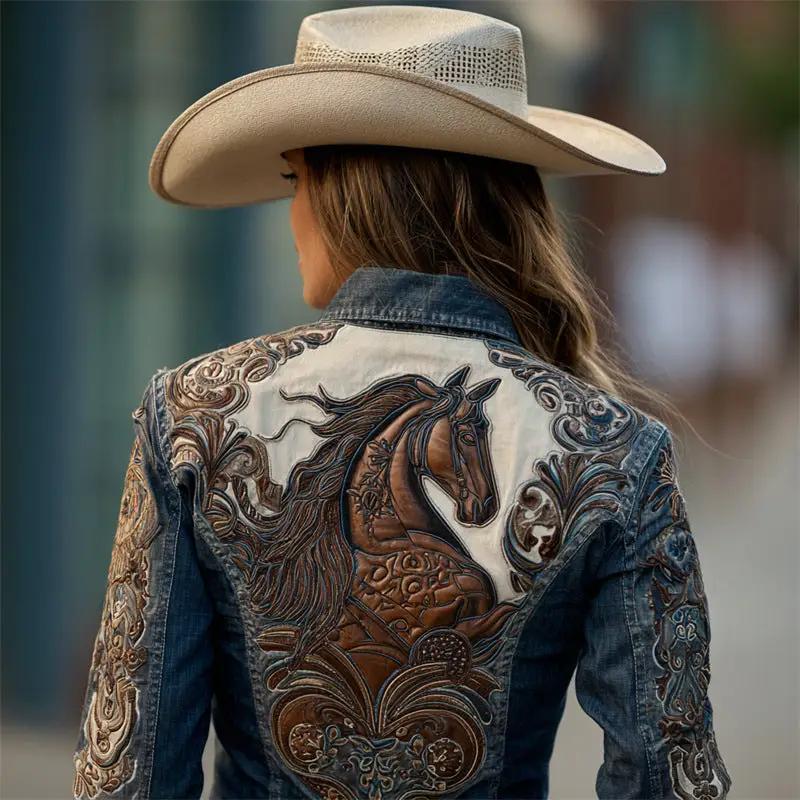 Autumn Retro Washed Long-Sleeve Denim Jacket with ornate horse embroidery on back