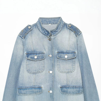 Button up stand collar denim jacket for women