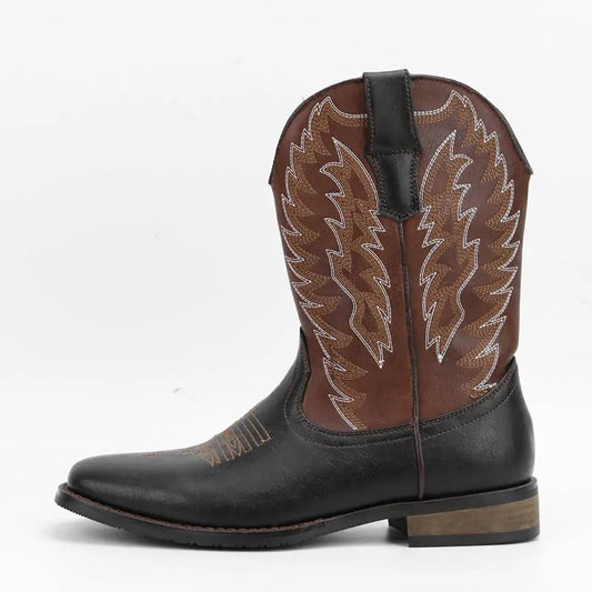Maverick Men’s Mid-Calf Western Boots by AdTec, brown leather shaft with white contrast stitching and black vamp, wedge heel.