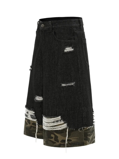 Mens distressed black cotton denim Bermuda shorts with camo trim and ripped detailing