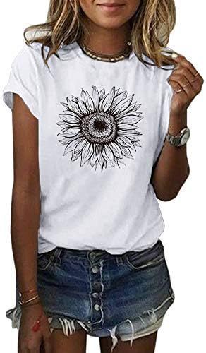 Camiseta de manga corta para mujer con estampado de girasol, top holgado de verano