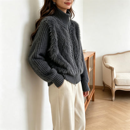 Stand up collar cardigan, double zipper long sleeved sweater