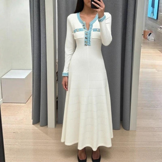 Autumn/Winter New Long Sleeve Denim Knit Maxi Dress, Simple Short Sleeve Long Dress, Slim Fit Sweater Dress V-Neck by eprolo
