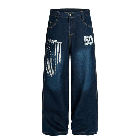 Pantalon large en jean imprimé et peint