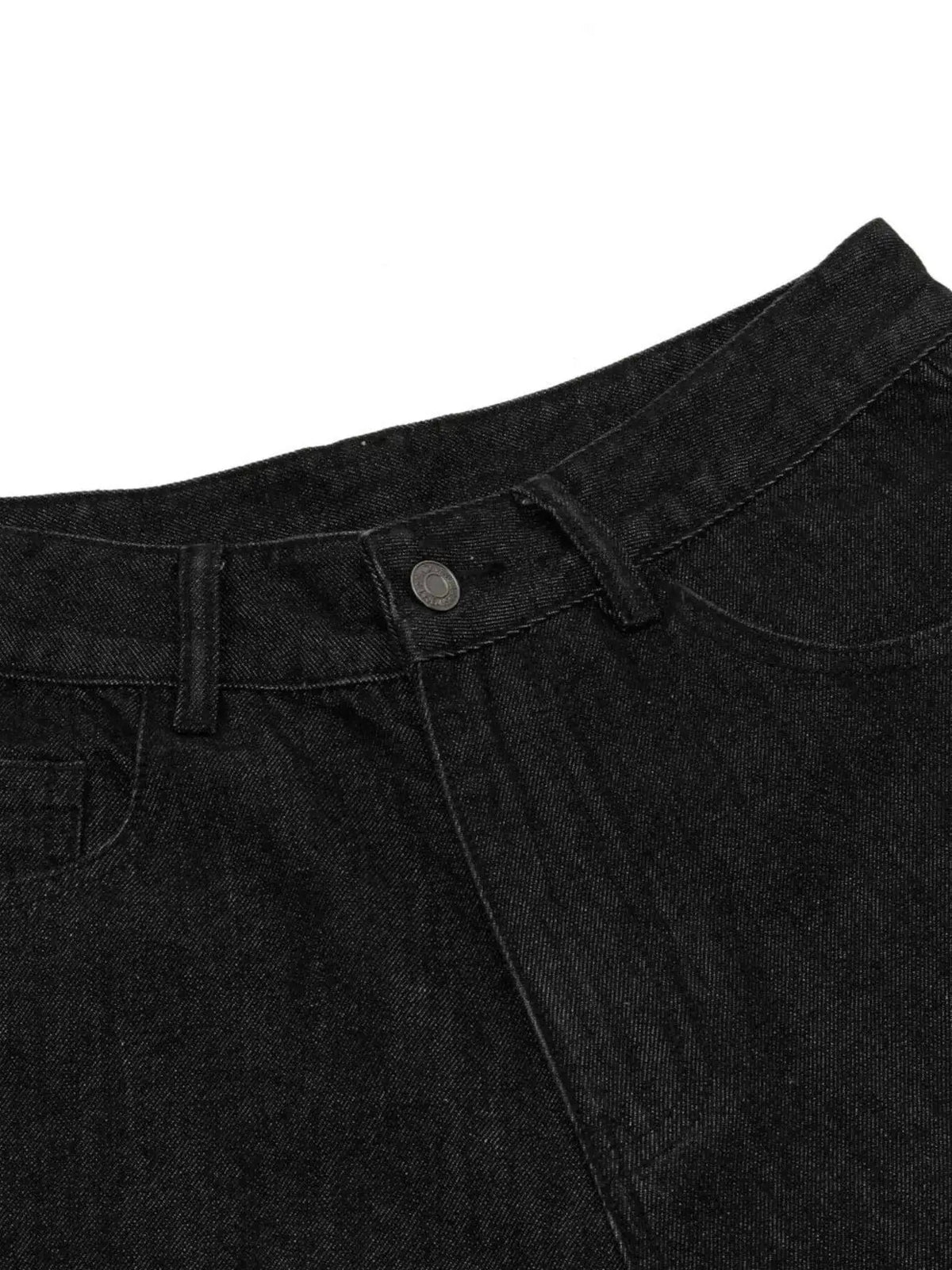 Mens black cotton denim Bermuda shorts with belt loops and metal rivet