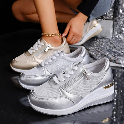 AdTec women's lace-up casual sneakers with thick sole and side zipper; silver pair with beige pair visible, 3 pairs