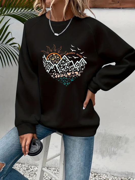 Sudadera informal de cuello redondo con estampado de corazones - Tejido de poliéster suave ligeramente elástico, lavable a máquina, perfecto para primavera y otoño - Ropa informal de manga larga para mujer
