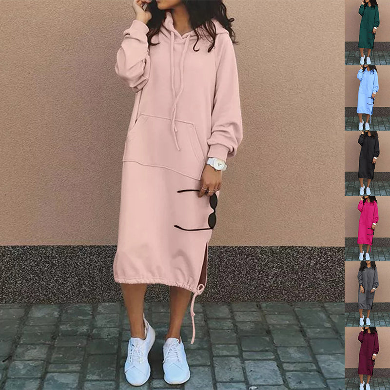Sudadera larga casual con capucha, manga larga, bolsillo, cordón de ajuste, ropa de mujer